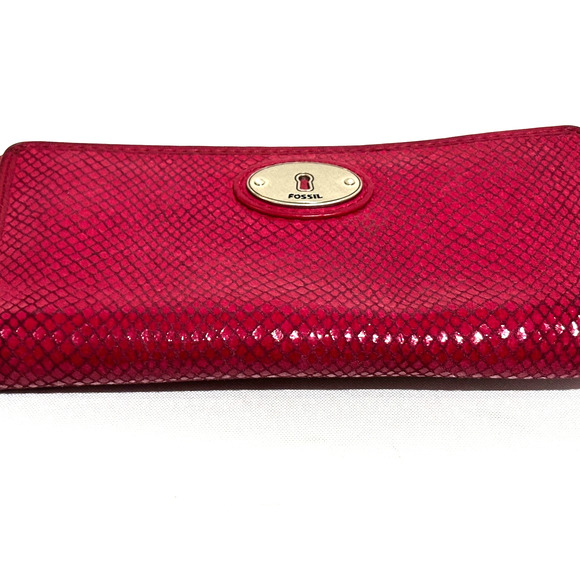 FOSSIL Snakeskin Embossed Pink Leather Zip Around Clutch Wallet Chic Retro - Picture 4 of 9